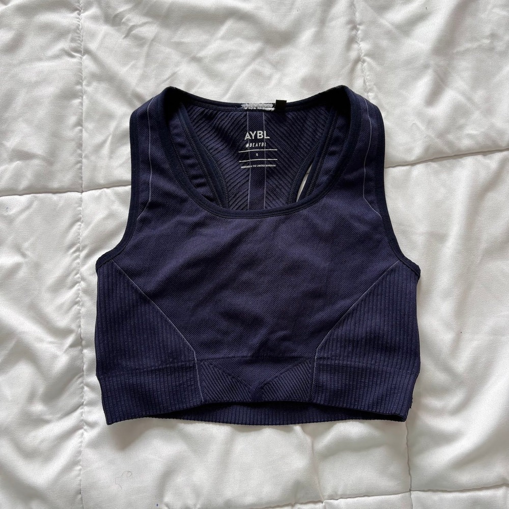 AYBL Balance V2 Seamless Sports Bra Navy Blue Racerback Cutout Activewear Small